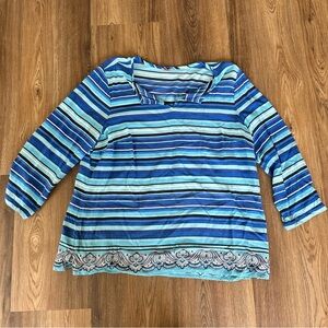 Talbots Womens Notch Neck Blouse Blue XL Striped Lightweight Relaxed Coastal Top